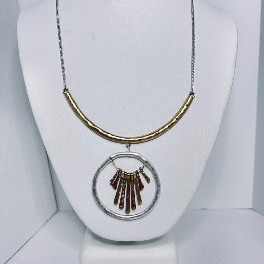 Bohemian Silver Tone And Gold Tone Hammered Statement Necklace (5704)